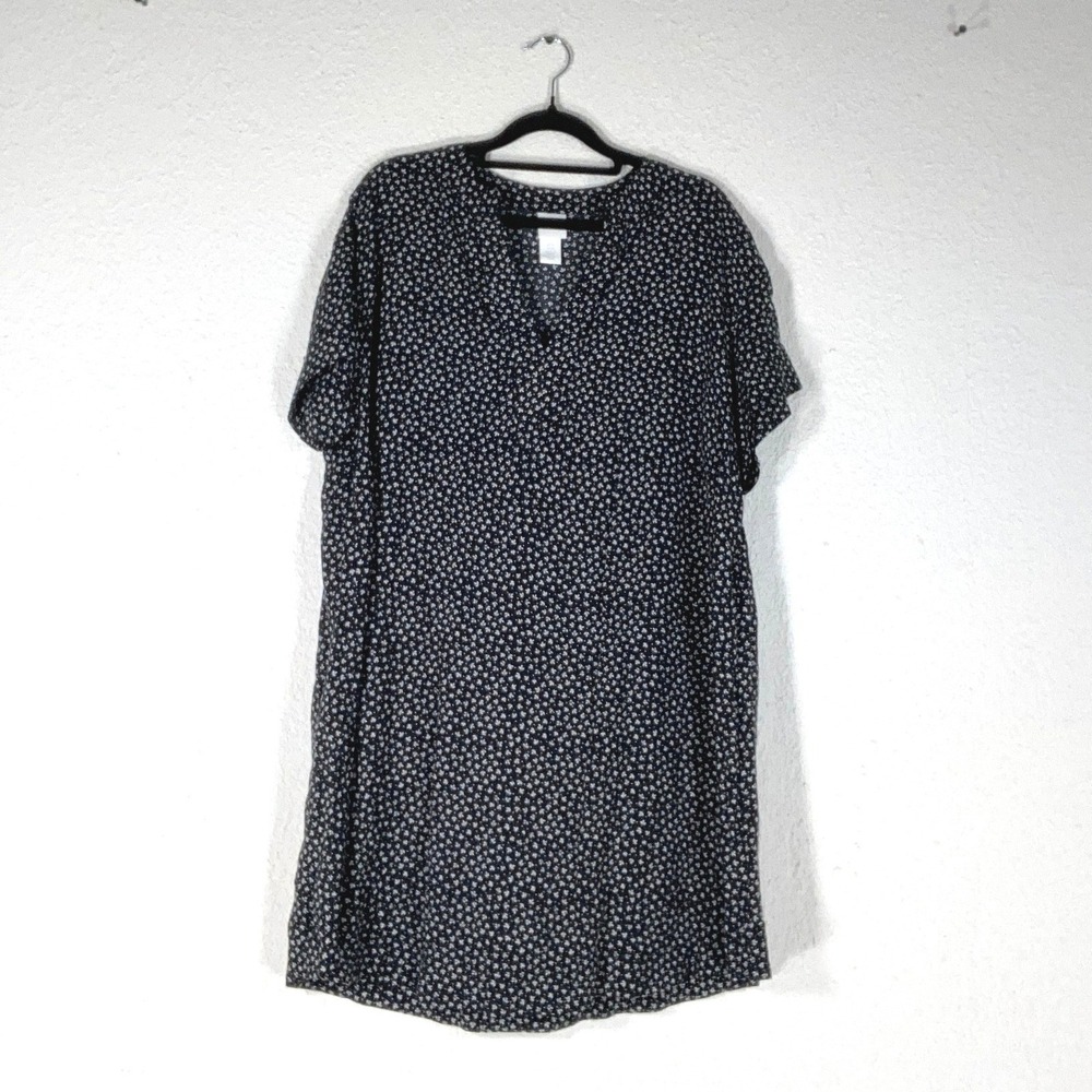 H&M Black Floral Viscose Tunic Top - 10 - Short Sleeve V-Neck Boho Casual Leaf